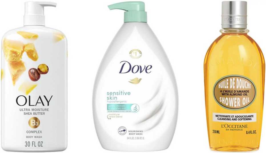 (De izquierda a derecha) Ultra Moisture Shea Butter Body Wash de Olay; Sensitive Skin Hypoallergenic and Sulfate-Free Body Wash de Dove; Almond Shower Oil de L'Occitane.