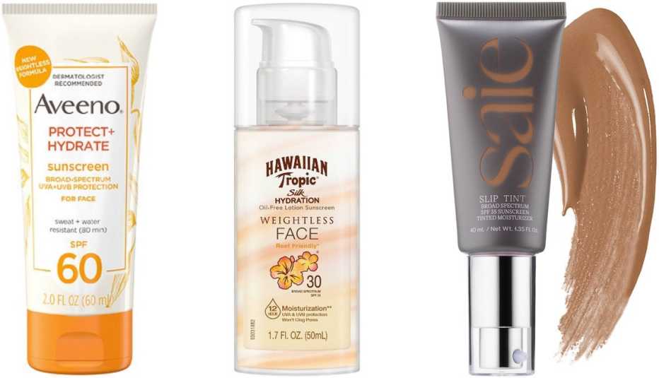  (De izquierda a derecha) Protect + Hydrate Face Sunscreen SPF 50 de Aveeno; Silk Hydration Weightless Face Sunscreen de Hawaiian Tropic; Slip Tint Dewy Tinted Moisturizer SPF 35 Sunscreen de Saie.
