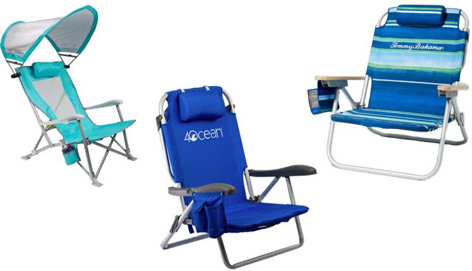  (De izquierda a derecha) Silla reclinable GCI Outdoor SunShade Recliner Chair; silla de playa tipo mochila con nevera 4Ocean Signature Backpack Beach Chair; silla de playa tipo mochila Tommy Bahama Multi Stripe Deluxe Backpack Beach Chair.