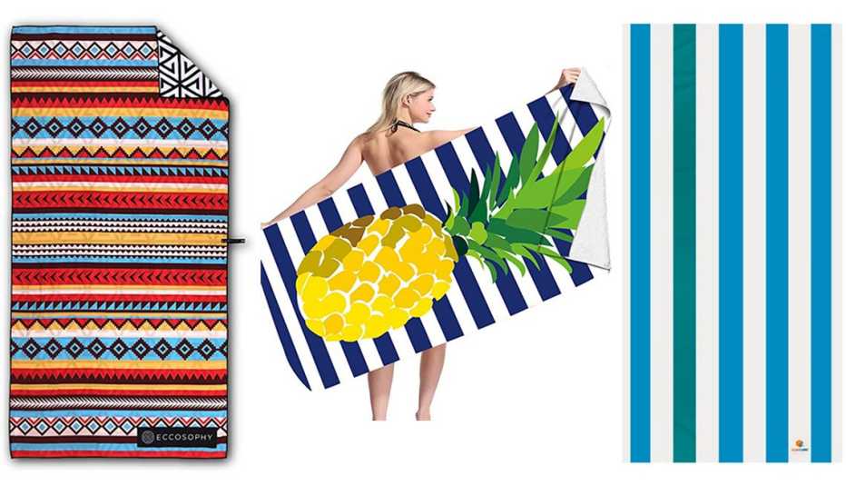 (De izquierda a derecha) Toalla de playa Eccosophy Microfiber Oversized Beach Towel en color Cancun; toalla de playa Arthmom Big Pineapple Microfiber Beach Towel en estampado Stripe Pineapple; toalla de playa Sun Cube Microfiber Beach Towel en azul.
