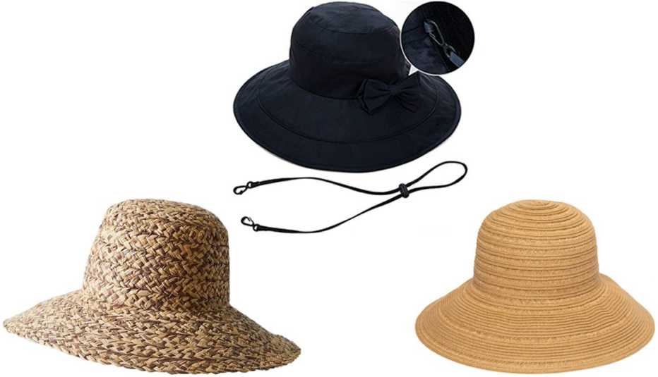 (Desde abajo a la izquierda, en el sentido de las agujas del reloj) sombreros Urban Outfitters Rivera Structured Raffia Hat; Comhats Summer UPF 50+ Sun Hats for Women en Navy; San Diego Hat Company Women’s Styleable Multi Way Paperbraid Sun Hat en Natural.