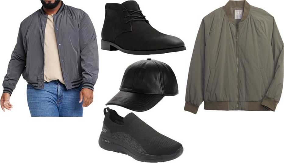 Opciones de chaquetas, zapatos y gorra para hombres.