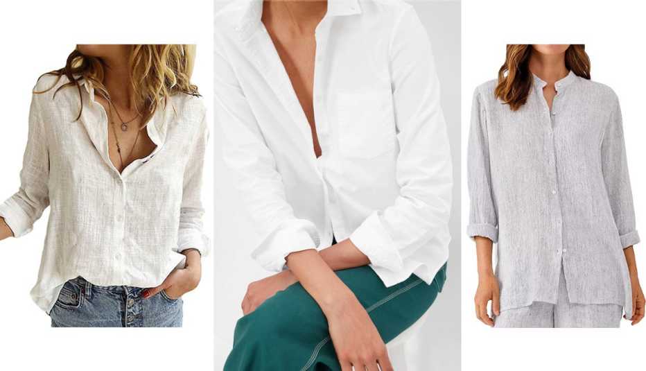 (Izquierda a derecha) Blusa de lino con botones Sexy Dance Oversized Linen Button Down Blouse en color A-White; camisa Gap Women's Perfect Shirt en color Optic White; camisa de lino con botones Eileen Fisher X Linen Button Front Shirt en color blanco.