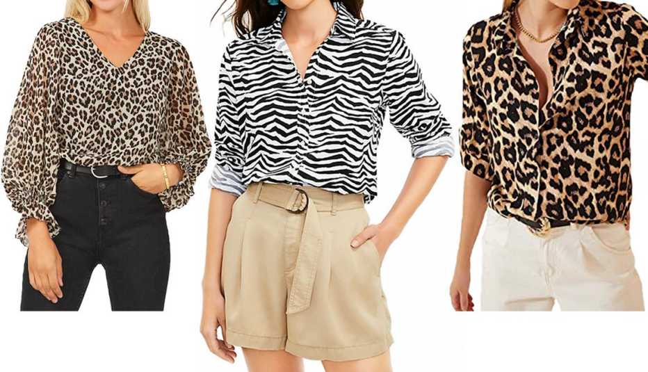 (Izquierda a derecha) Camiseta con cuello en V Vince Camuto Elegant Leopard V-Neck Top; camisa con estampado de tigre Loft Tiger Print Everyday Shirt en color Whisper White; camisa con botones Big Dart Long Sleeve Button Down Blouse en estampado de leopardo.
