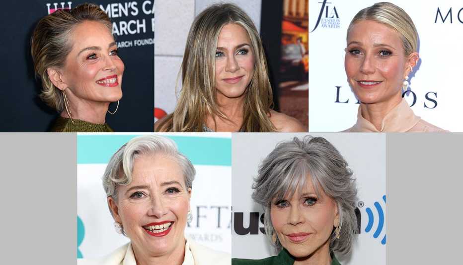 sharon stone jennifer aniston gwyneth paltrow with a hint of silver gray hair in their hair color while jane fonda and emma thompson con cabellos plateados.