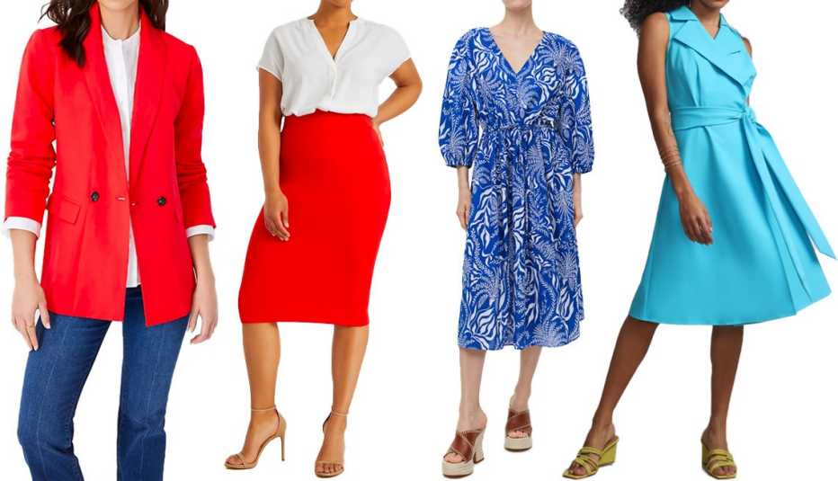 Opciones de ropa para mujer en color azul y rojo.