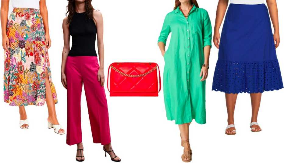 Opciones de faldas, traje, bolso de mano y pantalones en diferentes colores.