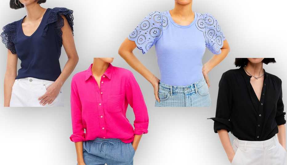 Opciones de blusas en diferentes colores para mujeres.