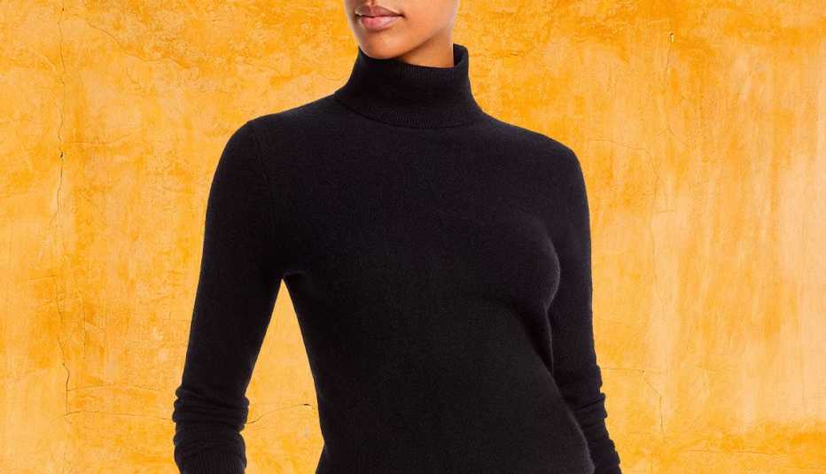 a woman wearing a stylish black turtleneck