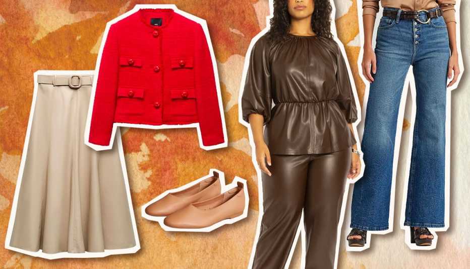 Mango Pocket Tweed Jacket in Red; Zara Women Faux Leather Midi Skirt in Sand; Everlane The Italian Leather Day Glove in Black, Tan, Toasted Almond or Camel; Eloquii Faux Leather Peplum Puff Sleeve Top in Hot Fudge; Lauren Ralph Lauren High-Rise Flare Jeans in City Blue Wash 