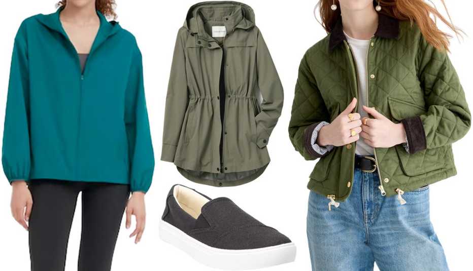 Opciones de abrigos en diferentes tonos de verde y zapatillas negras.