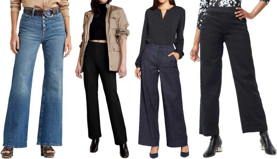 Lauren Ralph Lauren High-Rise Flare Jeans in City Blue Wash; Banana Republic Stretch-Ponte Crop Flare Pant in Black; NYDJ Mona Wide Leg Trouser Jeans in Lightweight Rinse; Chico’s Pull-On Wide Leg Ankle Jeans
