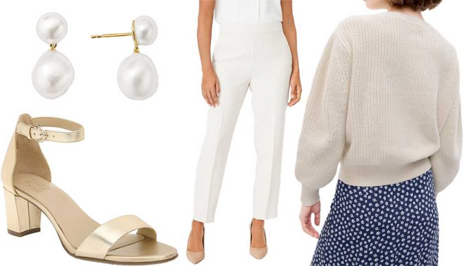 Naturalizer True Colors Vera Ankle Strap Sandal in Dark Gold Leather​; Mejuri Bold Pearl Drop Earrings in Gold Vermeil, Pearl; Gap Shaker-Stitch Crewneck Sweater in Chino Beige; Ann Taylor The Side Zip Ankle Pant in Fluid Crepe in Ivory Whisper
