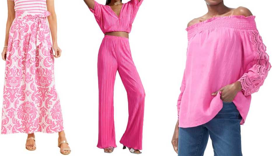 Opciones de falda, pantalones y blusas color rosado.
