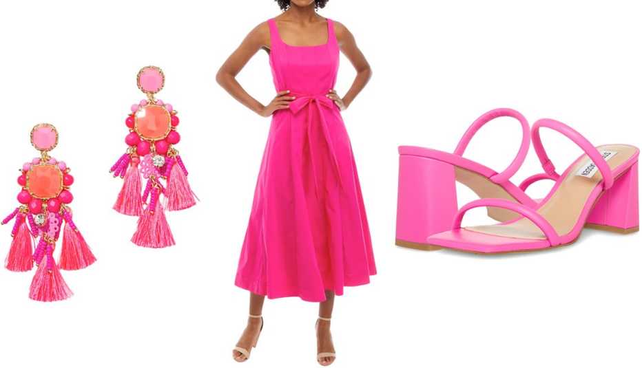 Aretes, traje y zapatos de vestir color rosado.