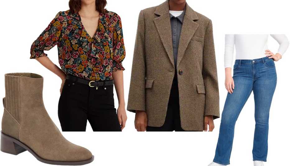 Dolce Vita Line H20 Boots in Olive Suede; Lauren Floral Crepe Blouse in Black/Orange/Multi; Lapels Houndstooth Suit Blazer in Brown; Old Navy Mid-Rise Wow Boot-Cut Jeans for Women in Medium Wash