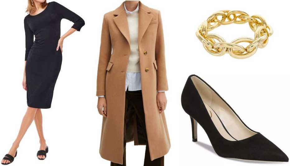 Vestido negro clásico, abrigo sastre de lana en color marrón, brazalete de eslabones dobles en tono dorado y zapatos cerrados negros con tacón mediano