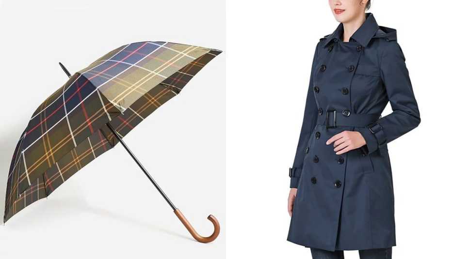 Paraguas y abrigo impermeable con capucha.