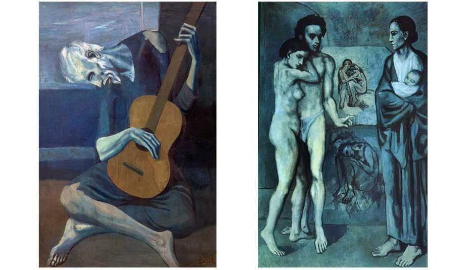 Dos obras de Pablo Picasso, The Old Guitarist, der.; y La vida, izq.