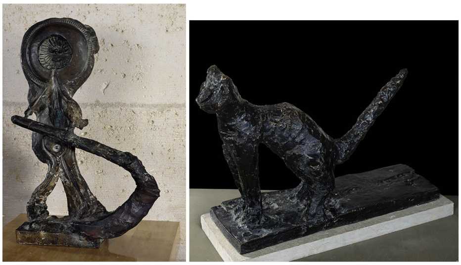 Esculturas The Reaper, der.; y Cat, izq., de Pablo Picasso