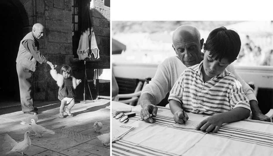 Pablo Picasso con sus hijos Paloma, 1951, izq.; y Claude en La Garoupe, Francia, 1955, der.