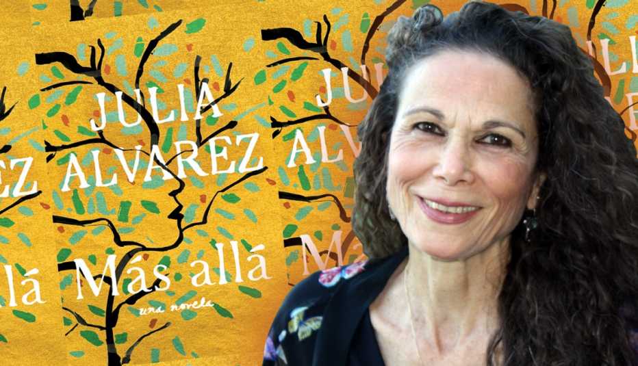 Retrato de Julia Alvarez sobre la portada de su novela Más allá