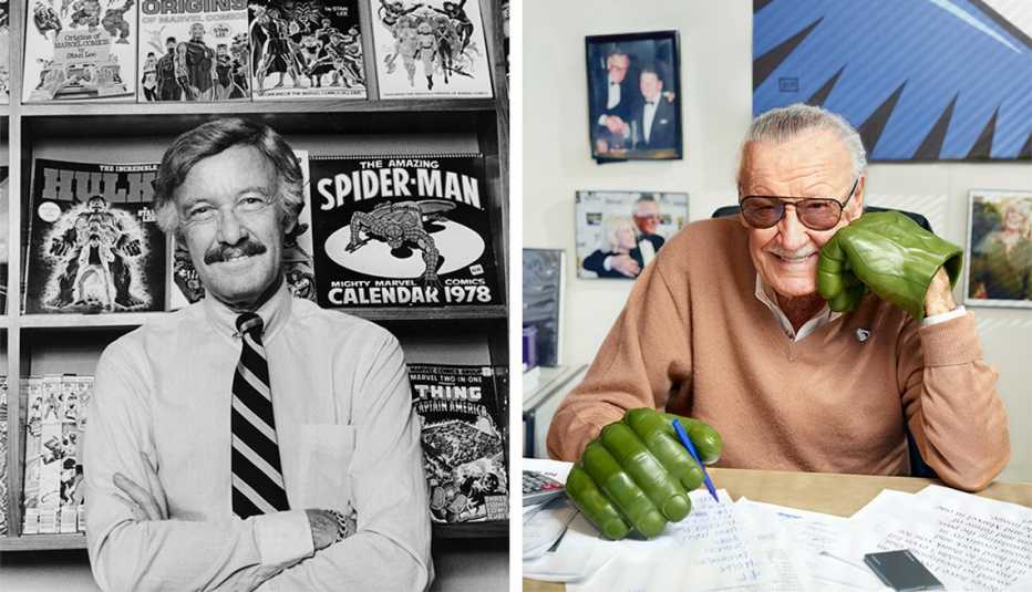 Una imagen en blanco y negro de Stan Lee cuando joven posando frente a un librero con cómics de Marvel, paralela otra foto de Stan Lee antes de su muerte posando mientras sonríe sentado en su escritorio con unos guantes de Hulk con un bolígrafo.