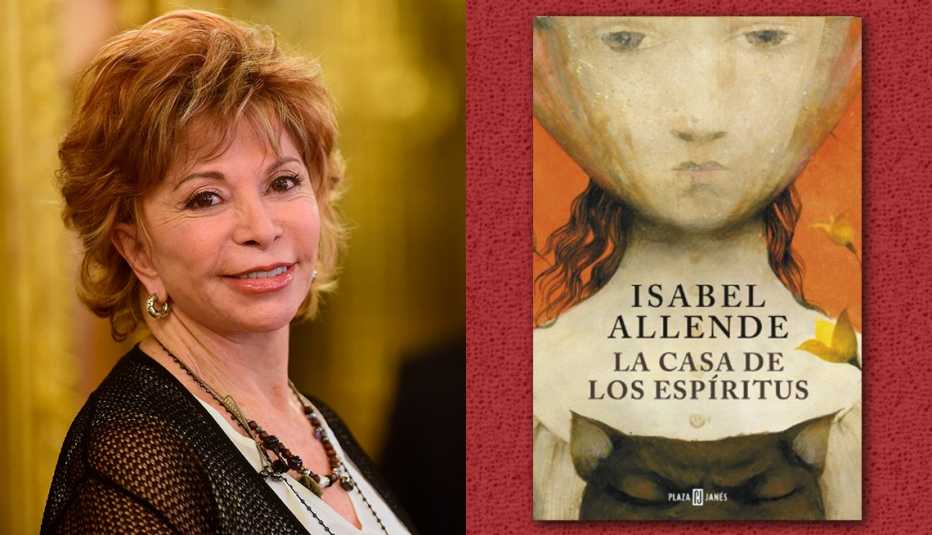 La escritora Isabel Allende y la portada de su libro 'La casa de los espíritus'.