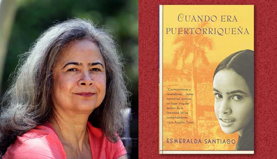 La escritora Esmerlada Santiago y la portada del libro 'Cuando era puertorriqueña'.
