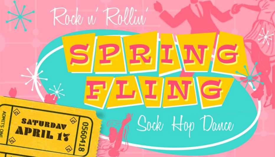 Ilustración para el evento Rock n 'Rollin' Spring Fling: A Sock Hop Dance.