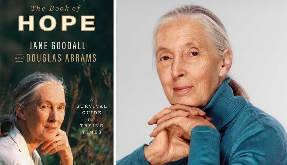 Jane Goodall y la portada de su libro.
