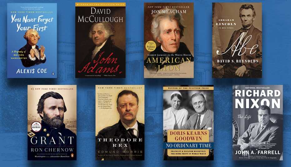 Tapas de los libros sobre G. Washington, J. Adams, A. Jackson, A Lincoln, U. Grant, T. Roosevelt, F. Roosevelt, R. Nixon.