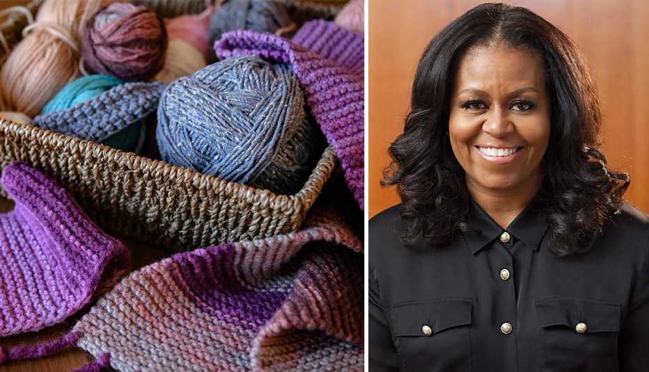 A la izquierda, montones de hilo y una bufanda tejida y a la derecha ex primera dama Michelle Obama.