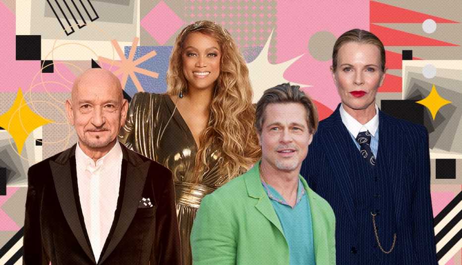 Collage de Ben Kingsley, Tyra Banks, Brad Pitt y Kim Basinger frente a un fondo colorido.
