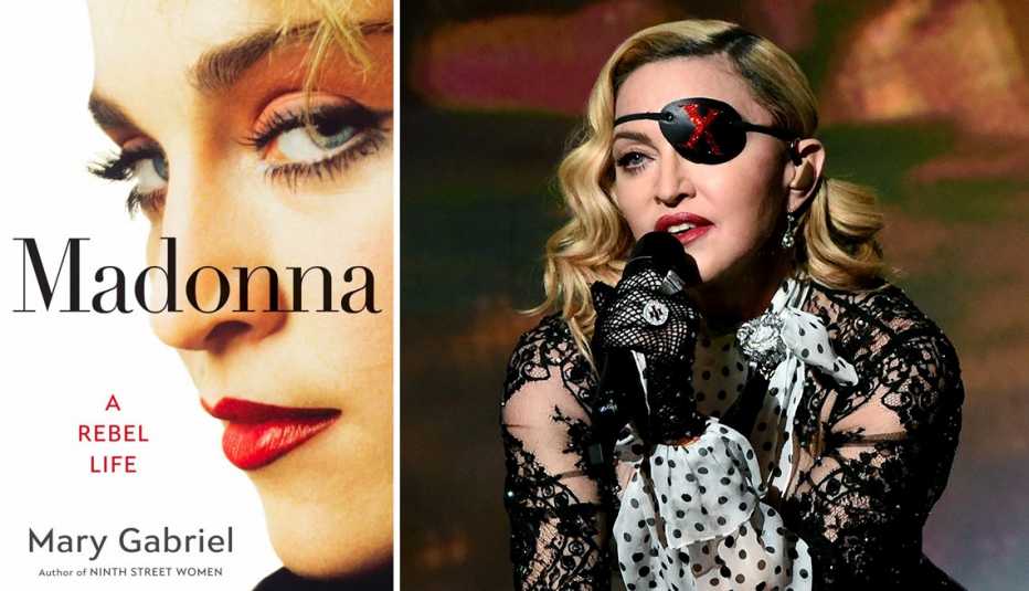 Portada del nuevo libro sobre Madonna, "A Rebel Life" (izquierda) y la cantante Madonna cantanto en un escenario.