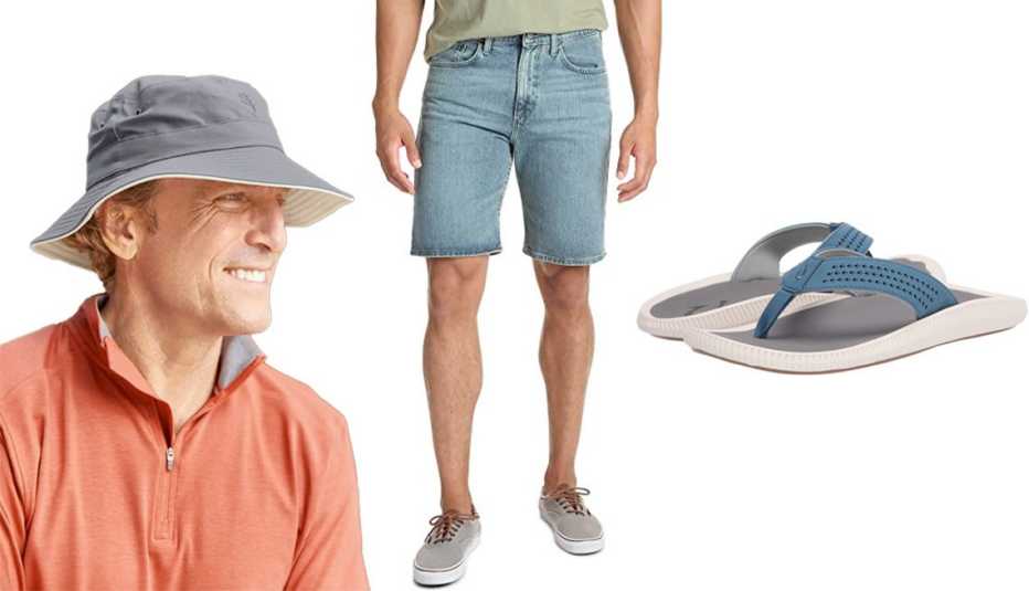 Sombrero, jeans cortos y sandalias de playa para hombres.