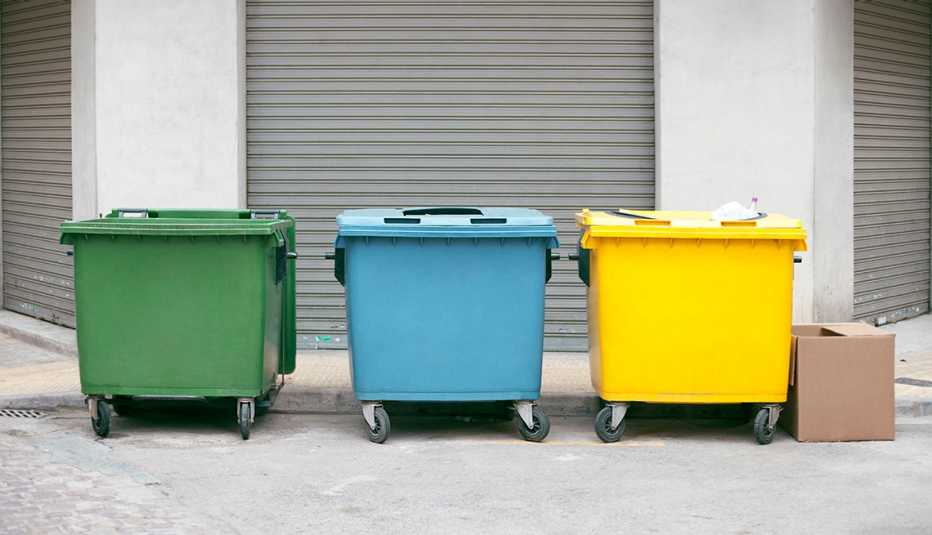 3 Colorful Trash Bins Outside A Building, AARP Home And Family, Queen Of Clutter