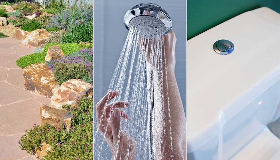 Tres imágenes de un patio, una ducha y un inodoro