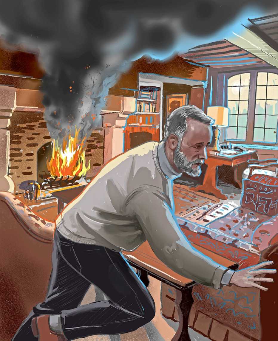 Ilustración de un hombre que huye de un incendio fuera de control en la chimenea