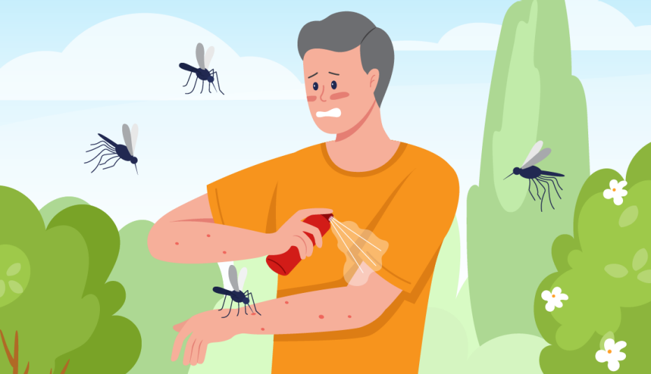 un hombre se rocía repelente de insectos mientras está rodeado de mosquitos