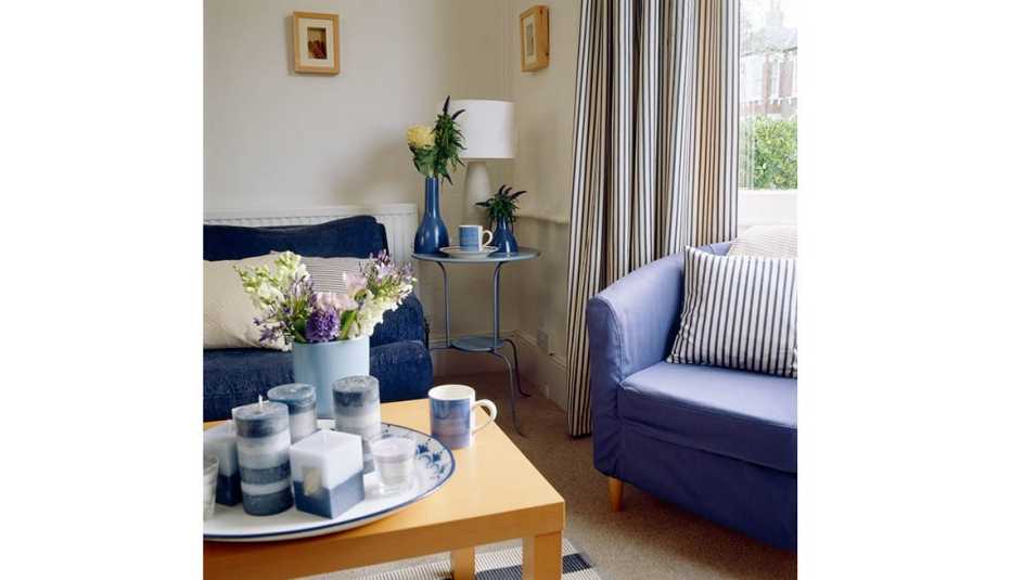 Sala de estar mayormente decorado con tonalidades azules