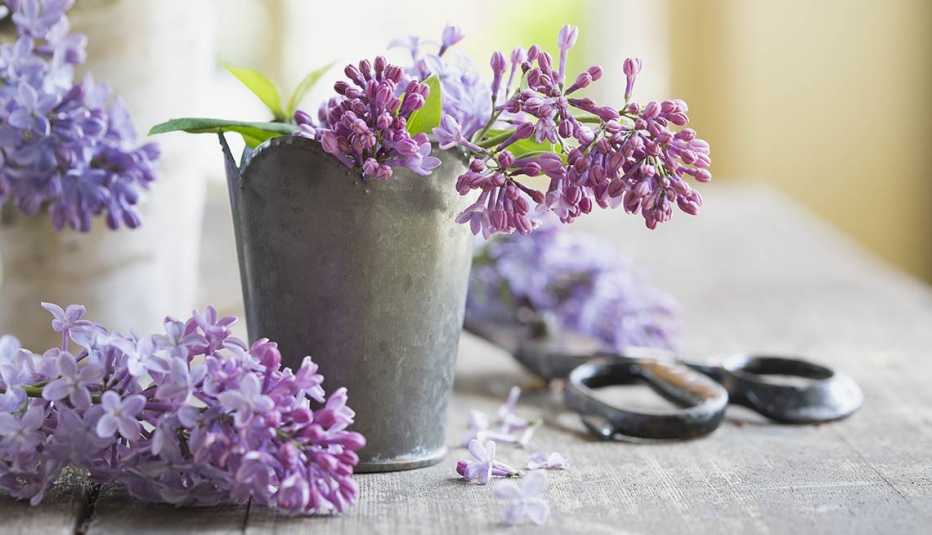 Florero metálico con lilas moradas