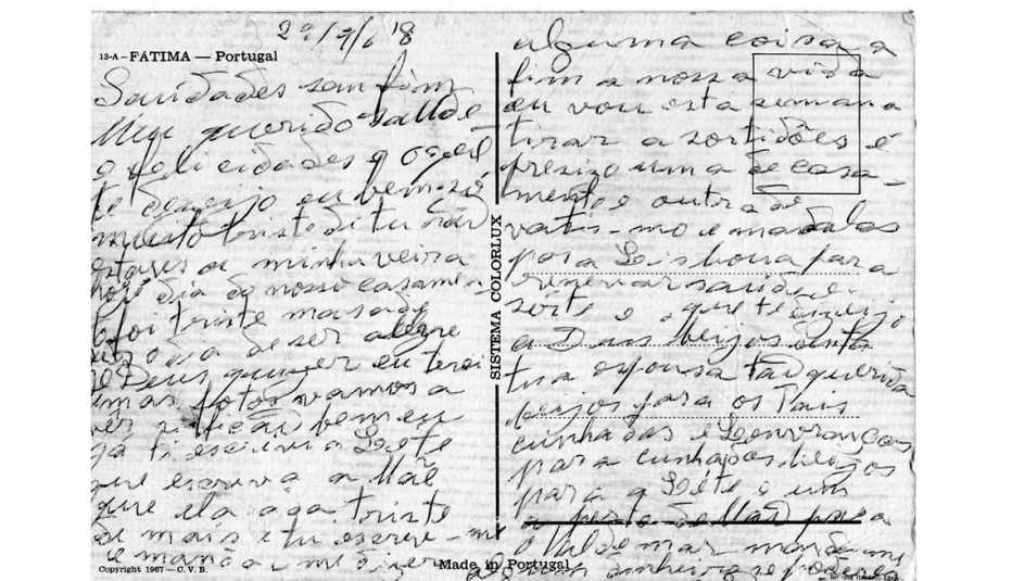 Texto escrito en el reverso de una postal del Santuario de Nuestra Señora de Fátima