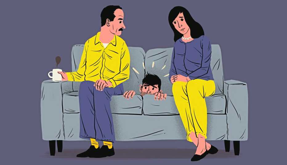Una ilustración de una pareja de padres de familia sentados en el sofá mirando a su hijo que se esconde dentro del sofá