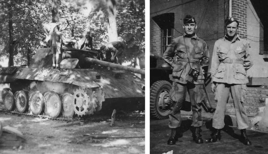 A la izquierda un tanque de guerra y a la derecha Carl Chamberlain y Bill Robertson en Chartres