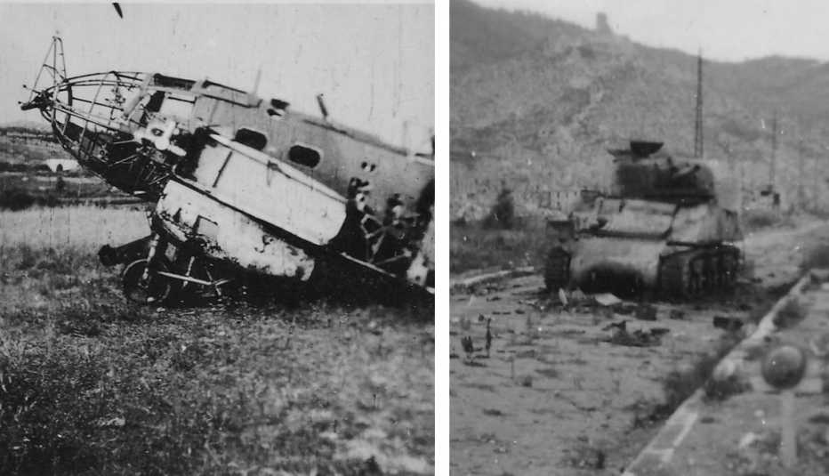 Un avión alemán derribado y un tanque inglés en Monte Cassino