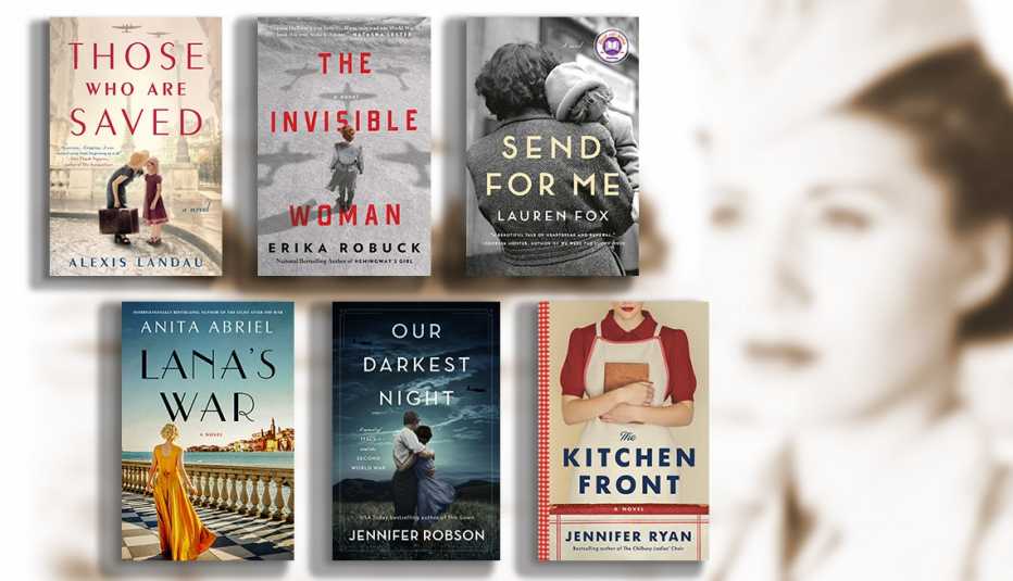 Desde la esquina superior izquierda: La portada de los libros Those Who Are Saved, The Invisible Woman, Send for Me, Lana's War, Our Darkest Night, The Kitchen Front.