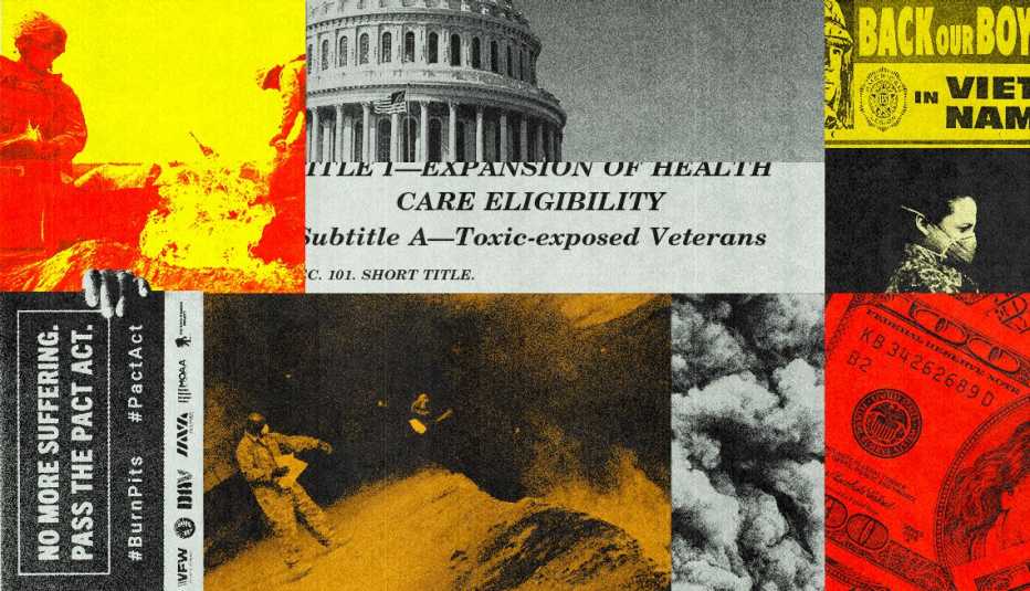 un collage de fotos que muestran a los veteranos e información sobre la ley pact