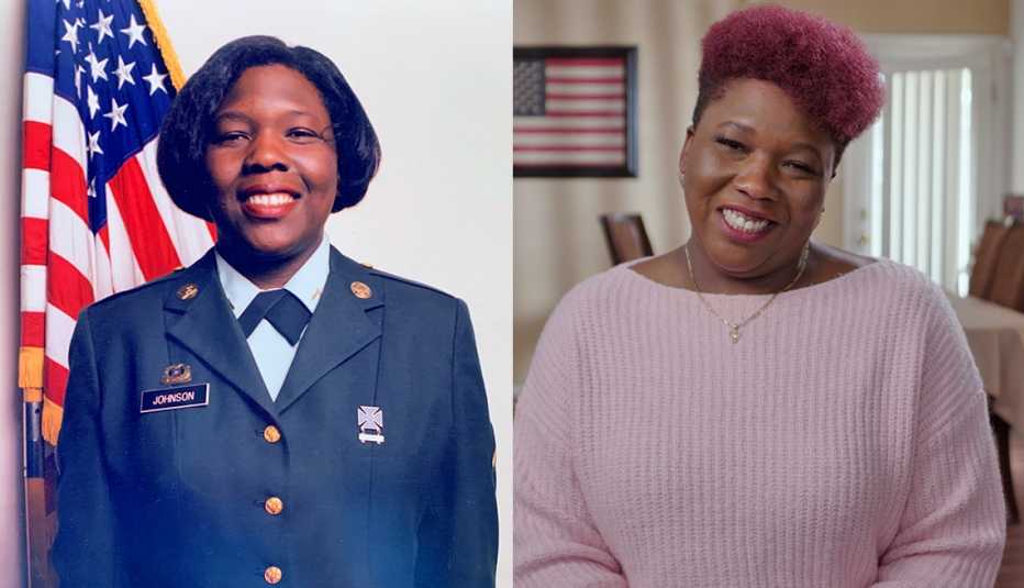 Dos fotos de Shoshana Johnson, una durante el servicio militar y otra actual