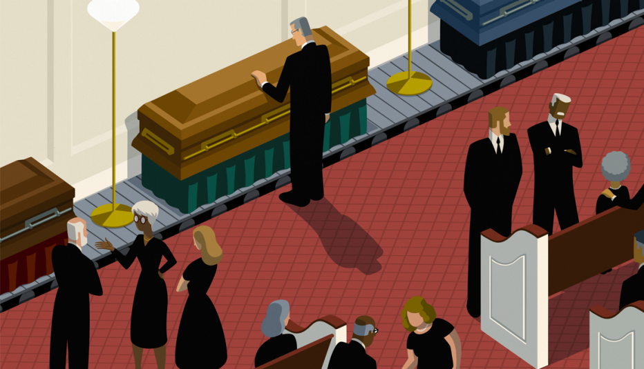 Ilustración de un grupo de personas que asiste a un funeral